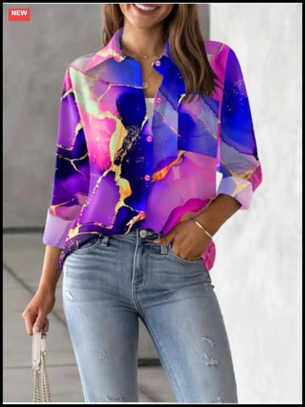 Women's Floral Button-Down Shirt Long Sleeve Work Blouse with Pockets - Picture 5 of 6